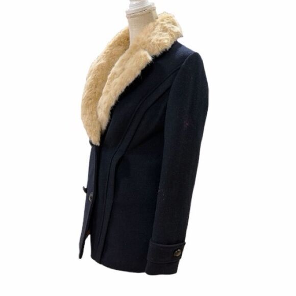 Zara Trafaluc Black Double Breasted Wool Pea Coat Faux Fur Collar Navy Blue Sz S - Picture 6 of 10